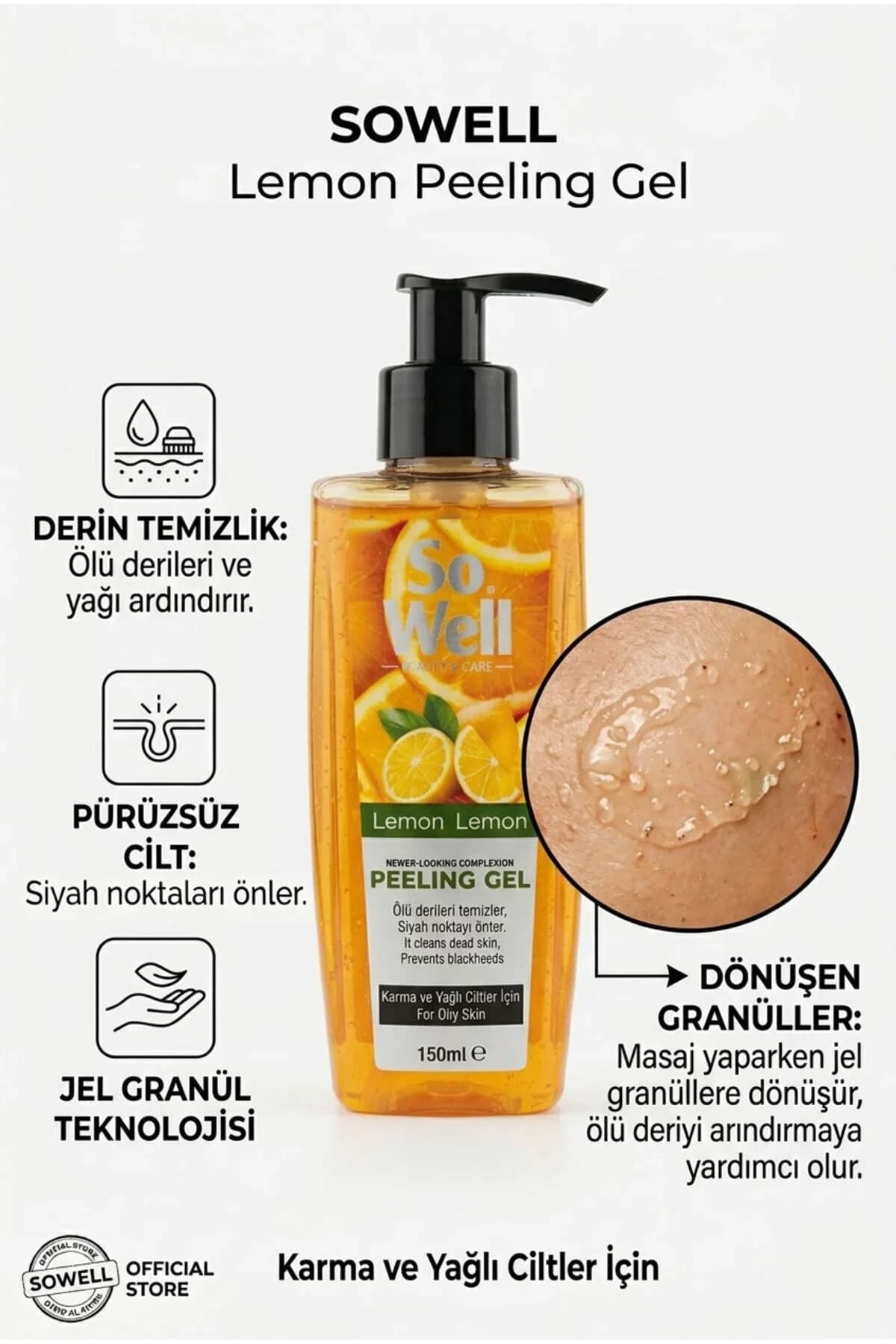 Sowell Granül Yüz Temizleme Jeli Limon Özlü 150 ml | Nemlendirici Siyah Nokta Karşıtı