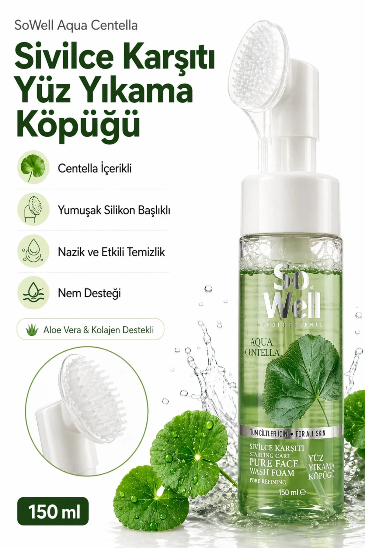 Sowell Aqua Centella Silikon Başlıklı Yüz Yıkama Köpüğü 150 ml