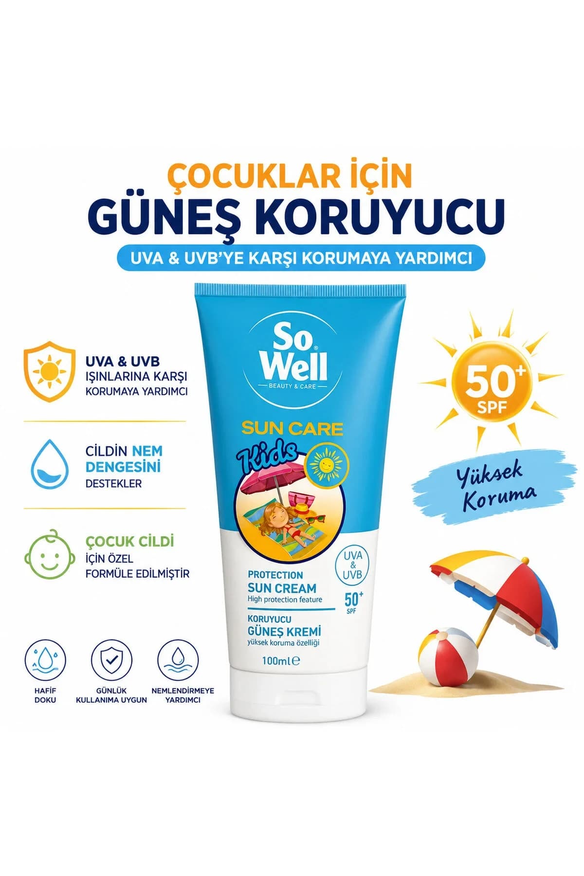 Sowell Sun Care Kids SPF 50+ Çocuk Güneş Kremi UVA & UVB Korumaya Yardımcı 100 ml