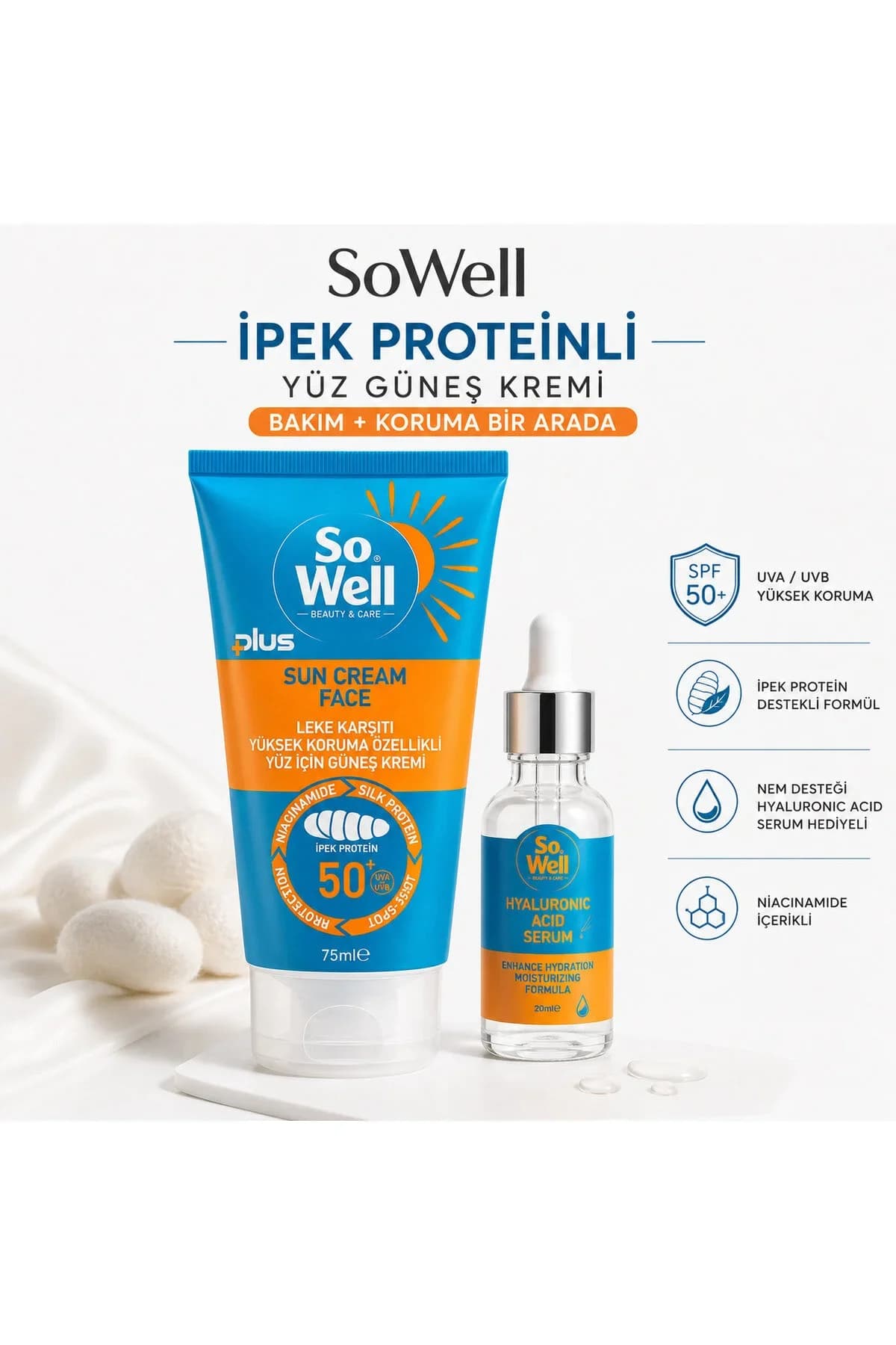 Sowell Leke Karşıtı Yüz İçin Güneş Kremi Spf 50+ Plus 75 ml + Hyaluronic Serum Hediyeli 20 ml