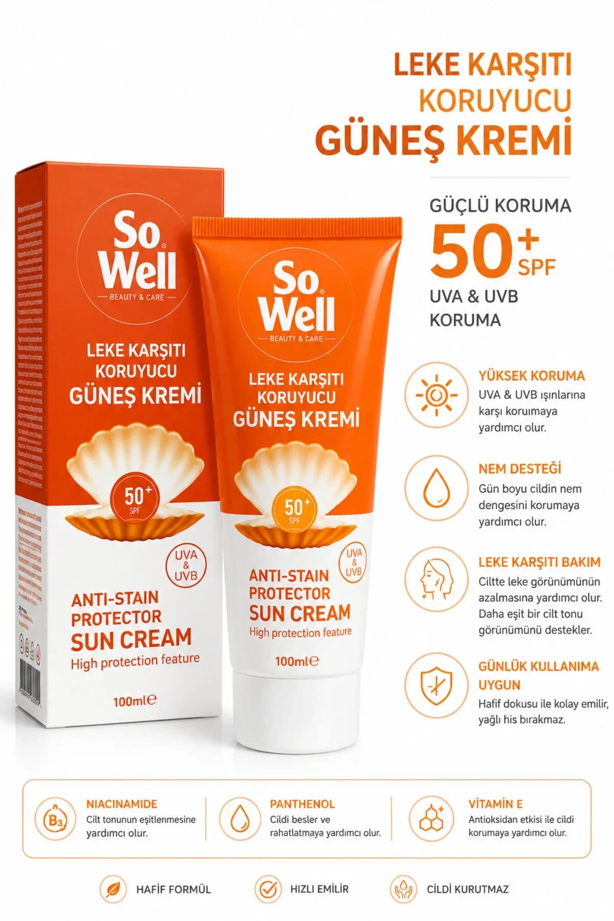 Sowell Leke Karşıtı Güneş Kremi 100 ml SPF 50+ – UVA & UVB Koruyucu Nemlendirici Bakım Kremi